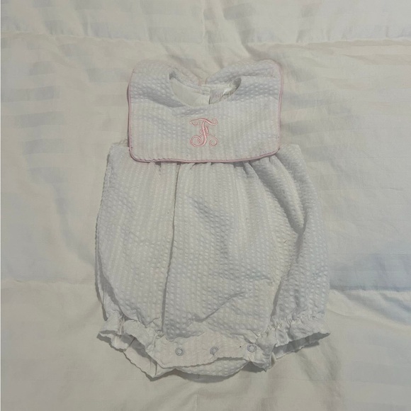 White Baby Romper with Pink Trim - Picture 1 of 3